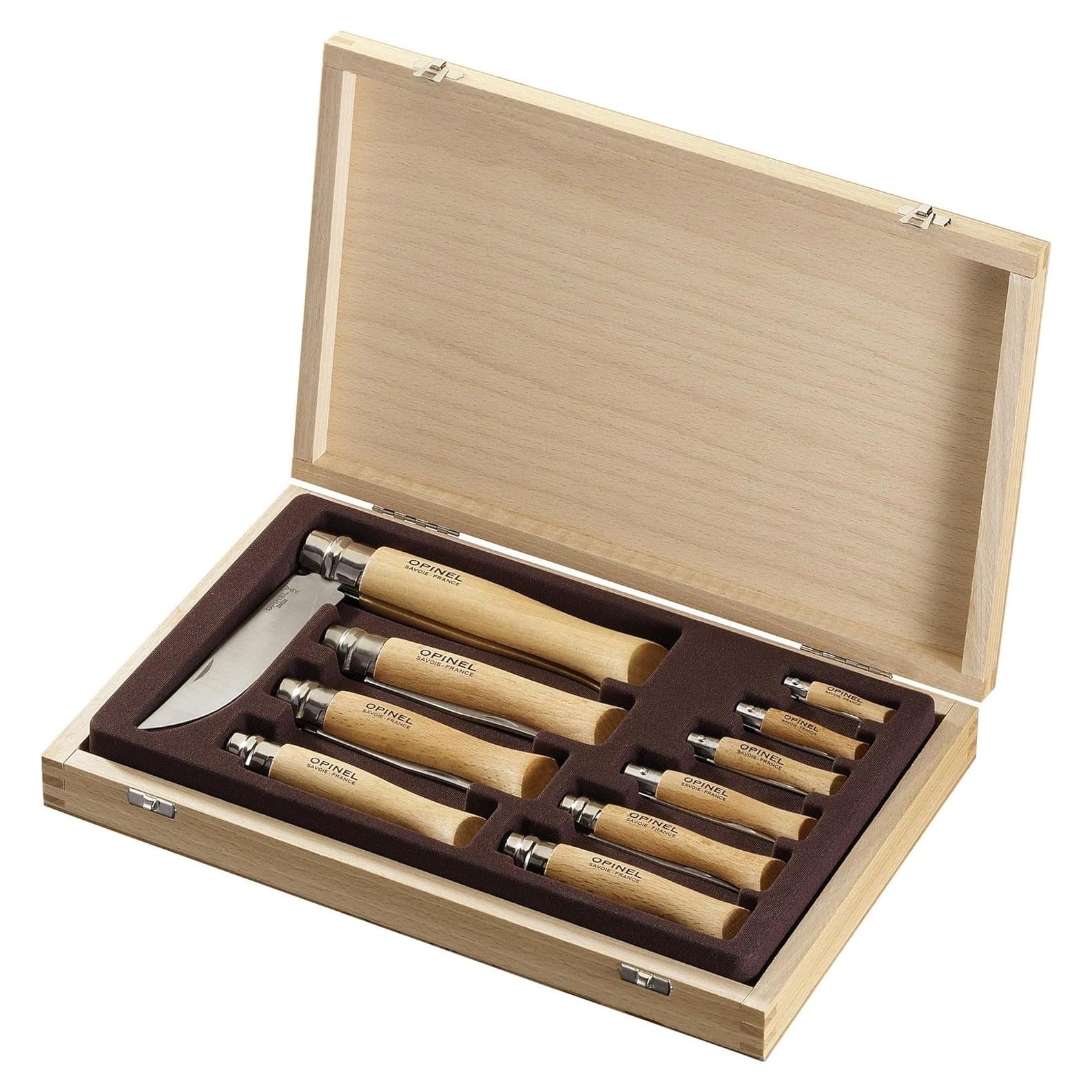 Juego de Cuchillos Plegables OPINEL - 10 Piezas en Caja de Madera