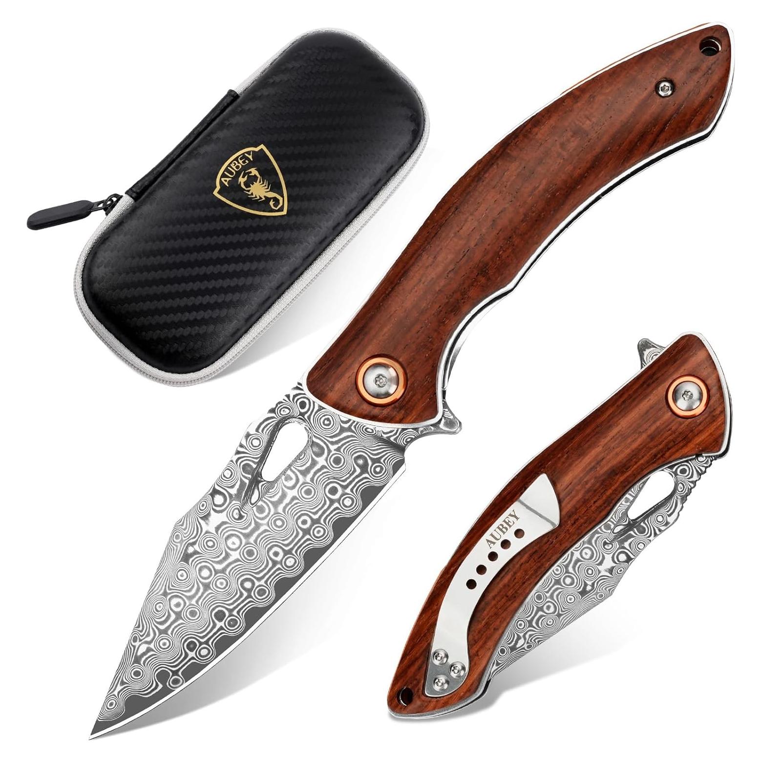 Cuchillo Plegable AUBEY Damasco 8.1 cm Mango de Sándalo