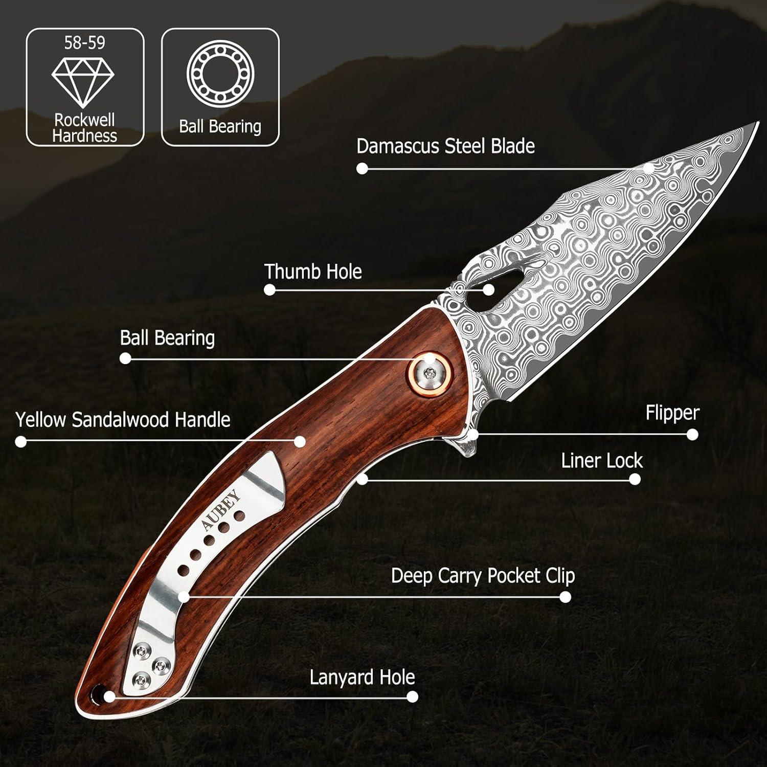 Cuchillo Plegable AUBEY Damasco 8.1 cm Mango de Sándalo