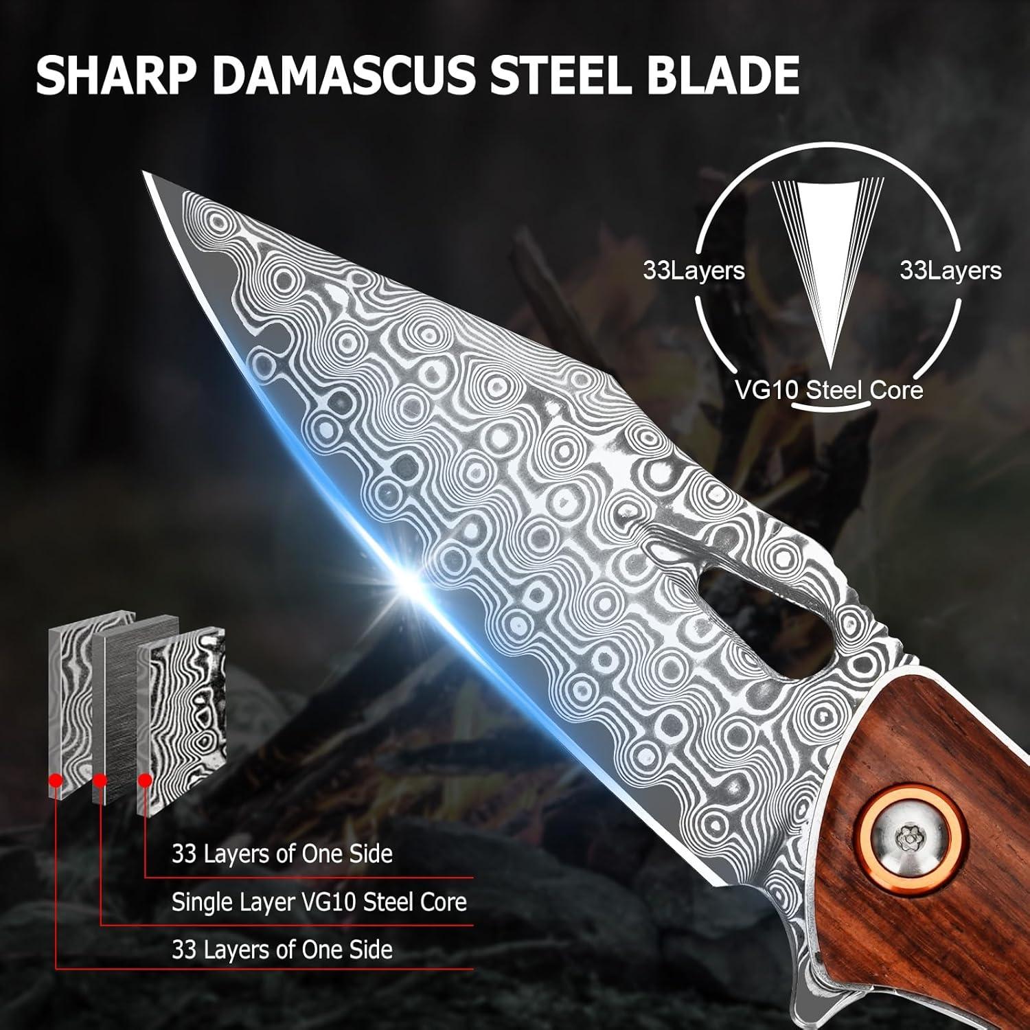 Cuchillo Plegable AUBEY Damasco 8.1 cm Mango de Sándalo