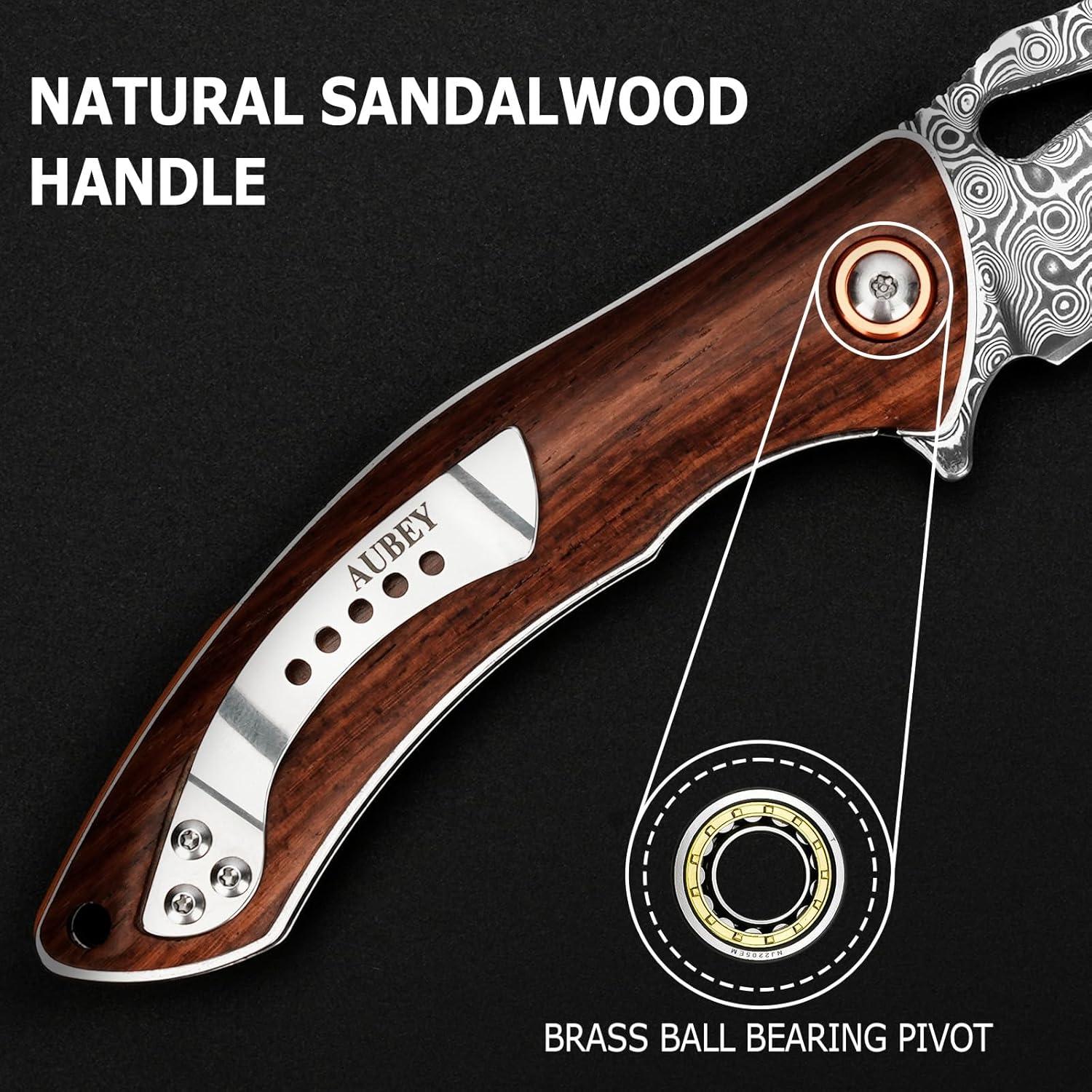 Cuchillo Plegable AUBEY Damasco 8.1 cm Mango de Sándalo