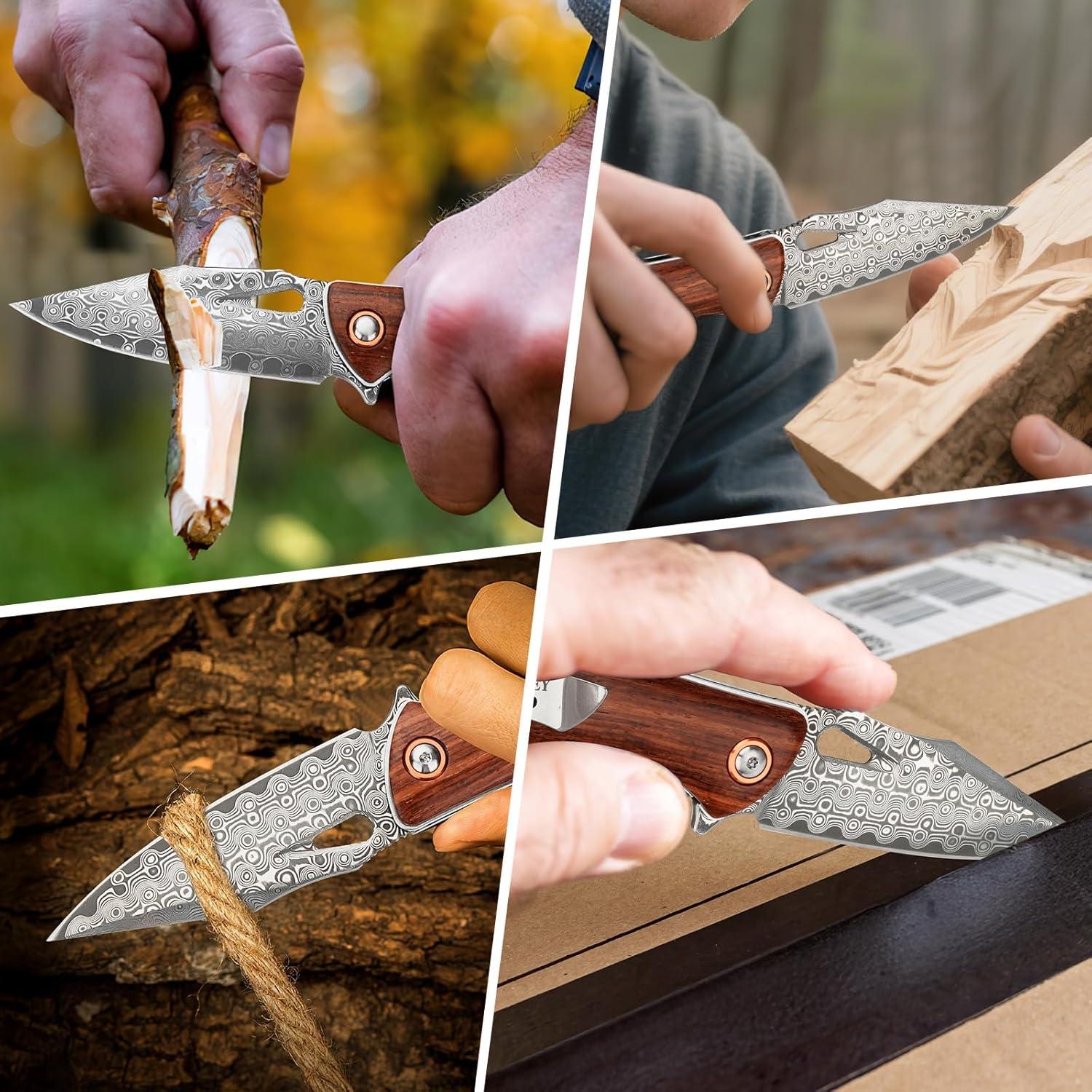 Cuchillo Plegable AUBEY Damasco 8.1 cm Mango de Sándalo