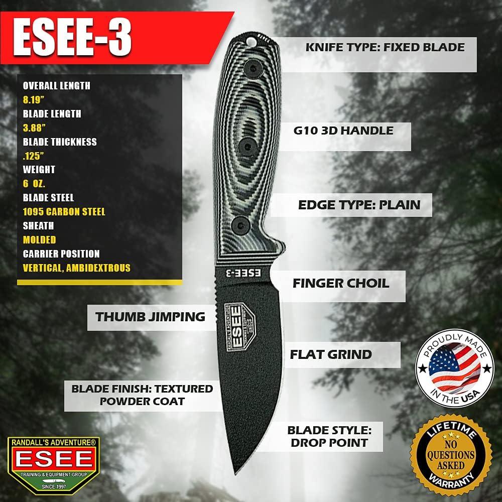 Cuchillo ESEE-3 Fijo Acero 1095 Mango G-10 3D Negro 20.8 cm