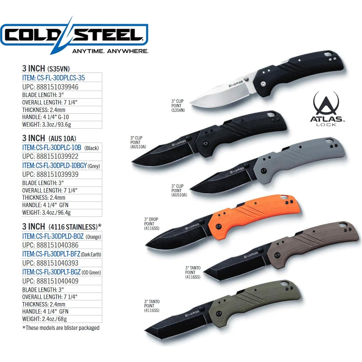 Cuchillo Plegable Cold Steel Engage 3" Acero 4116SS Mango GFN