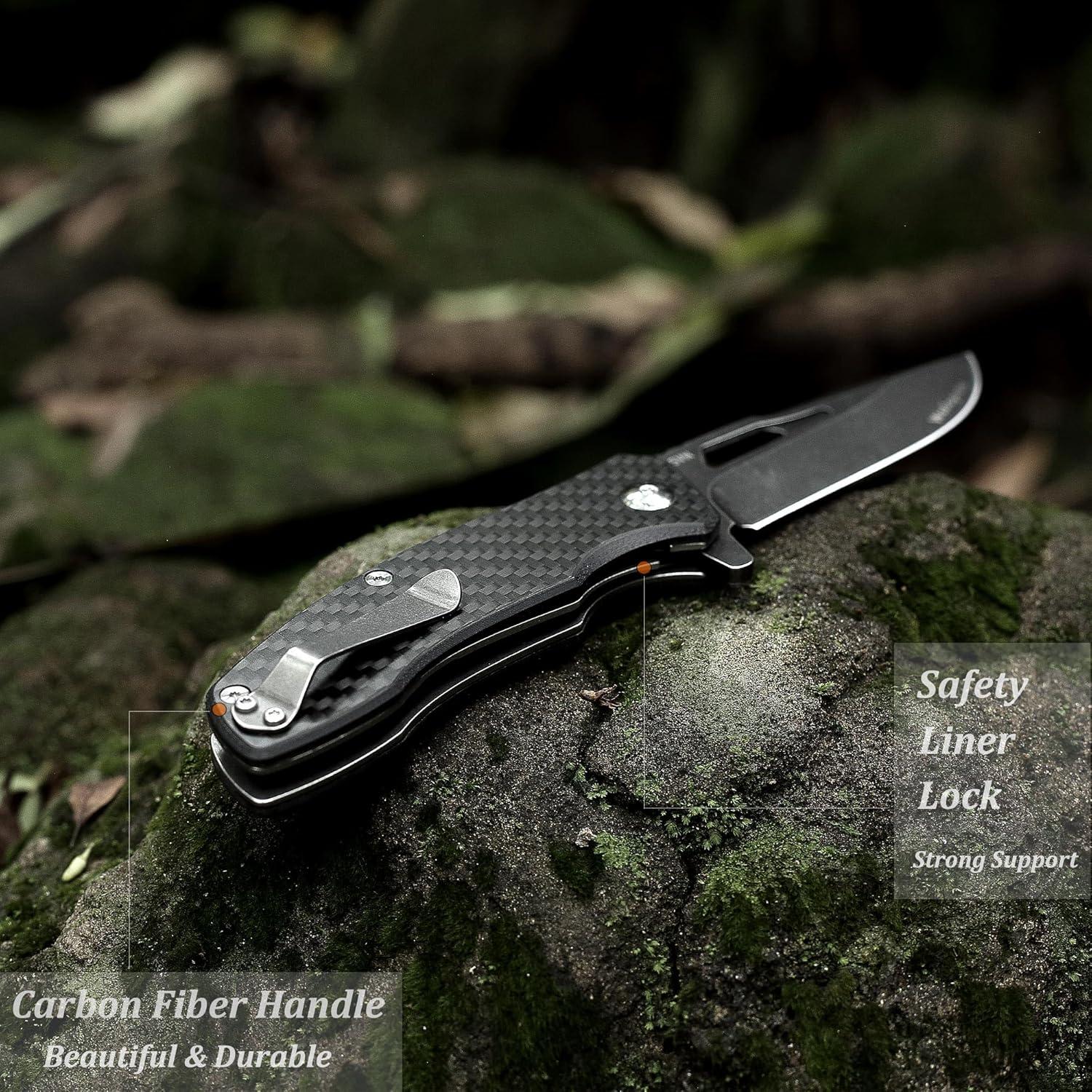 Cuchillo Táctico Plegable WALLOPTON 8.5 cm S35VN Fibra Carbono