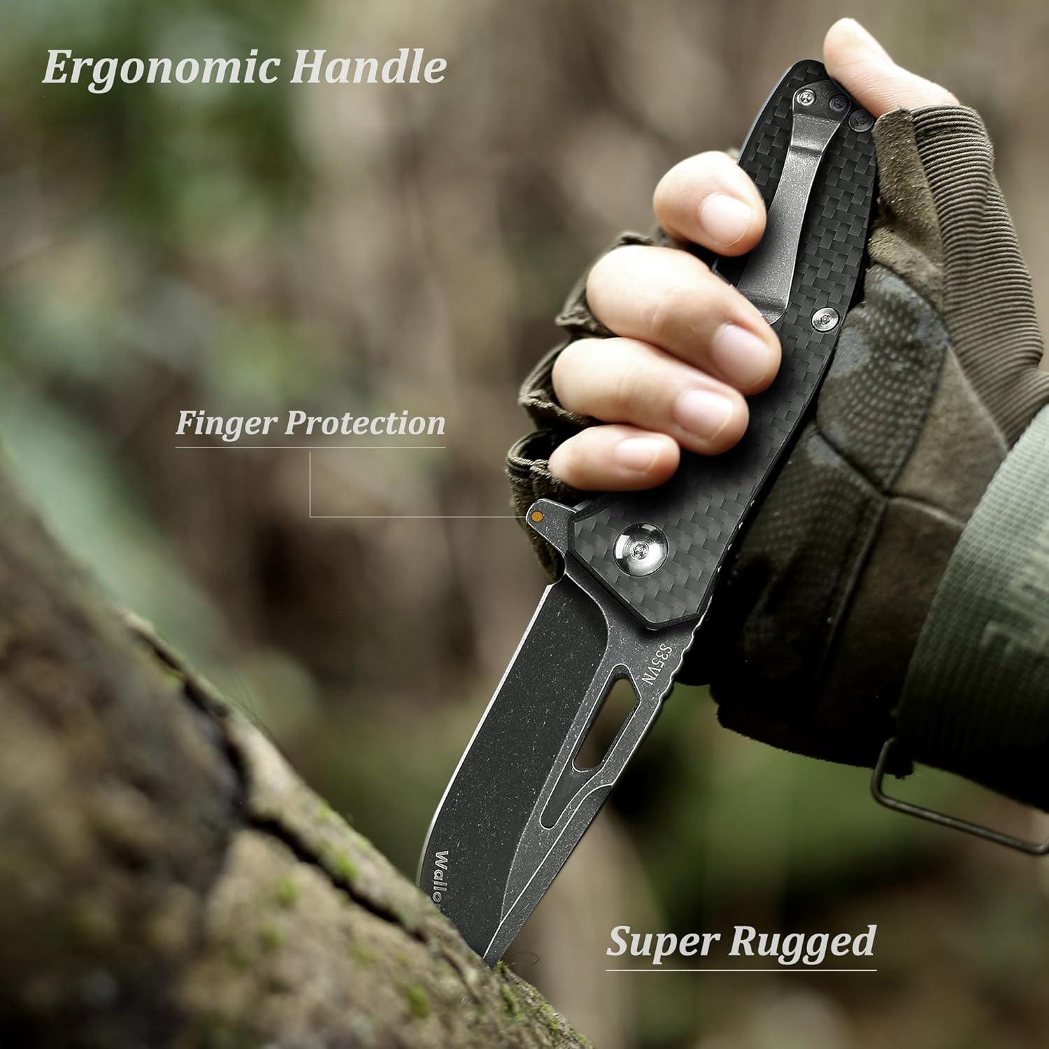 Cuchillo Táctico Plegable WALLOPTON 8.5 cm S35VN Fibra Carbono