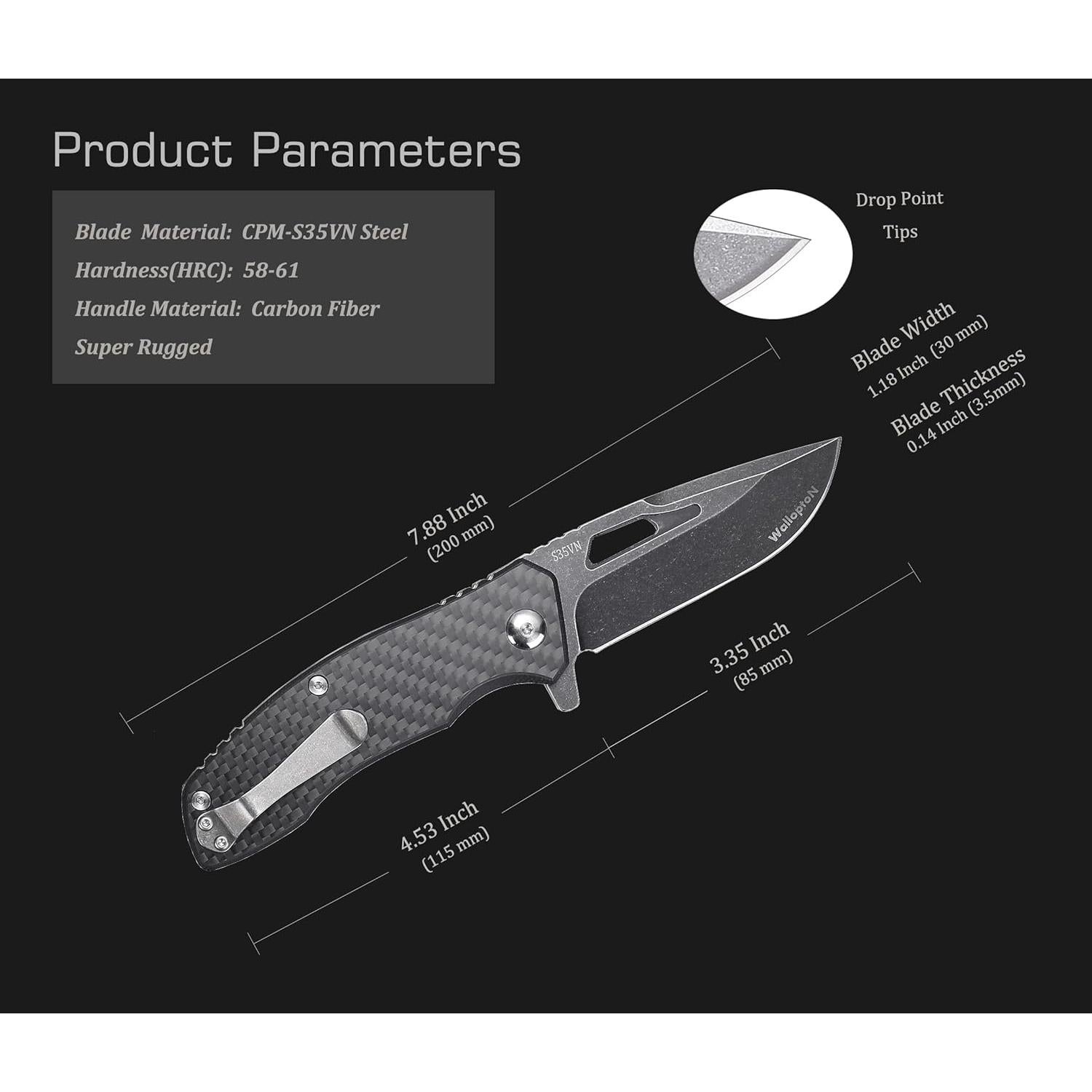 Cuchillo Táctico Plegable WALLOPTON 8.5 cm S35VN Fibra Carbono