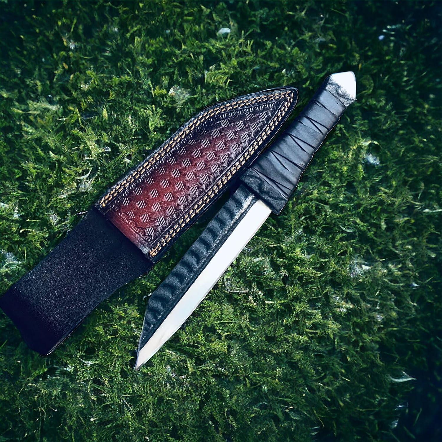 Cuchillo Seax vikingo Master Damascus 30.5 cm con funda de cuero