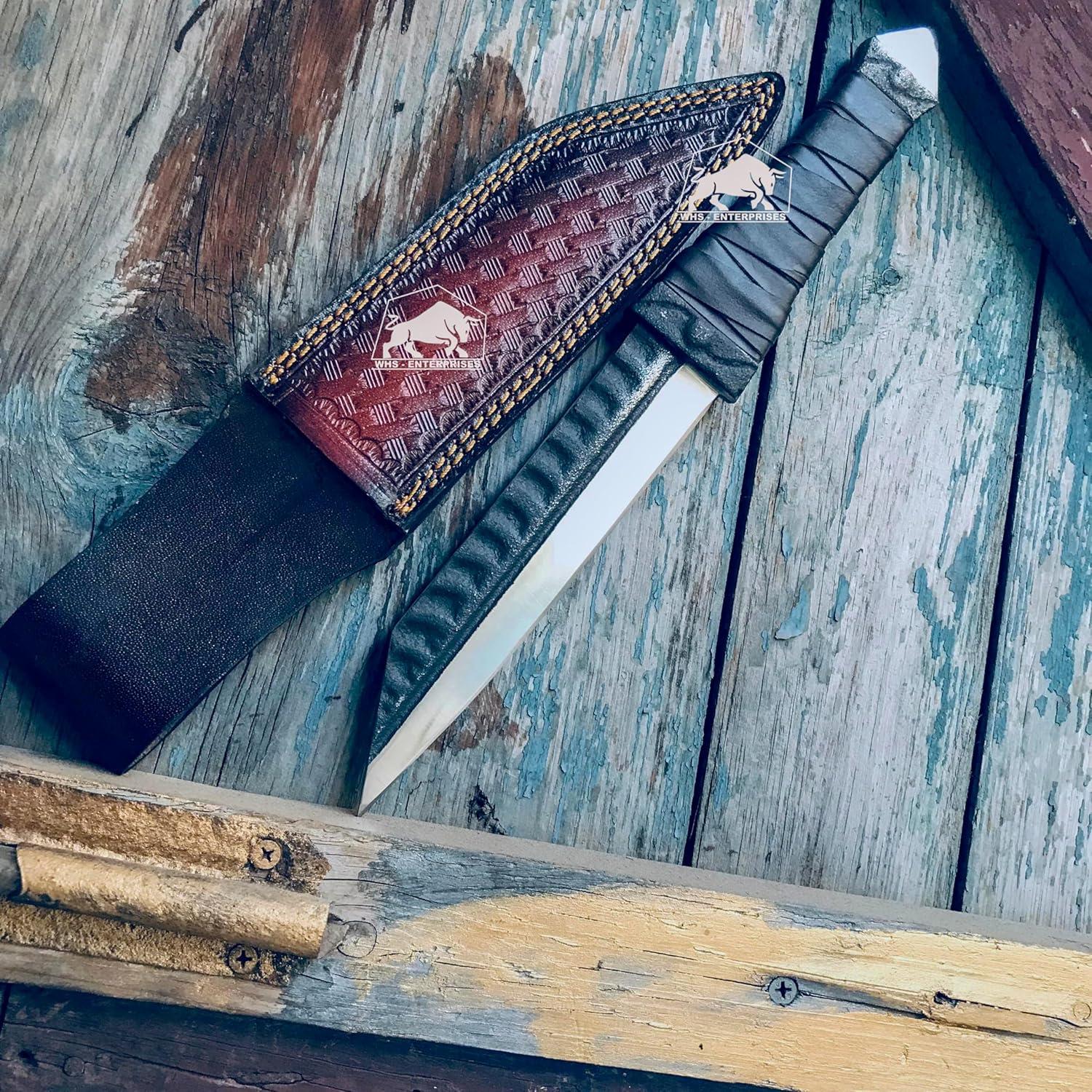Cuchillo Seax vikingo Master Damascus 30.5 cm con funda de cuero