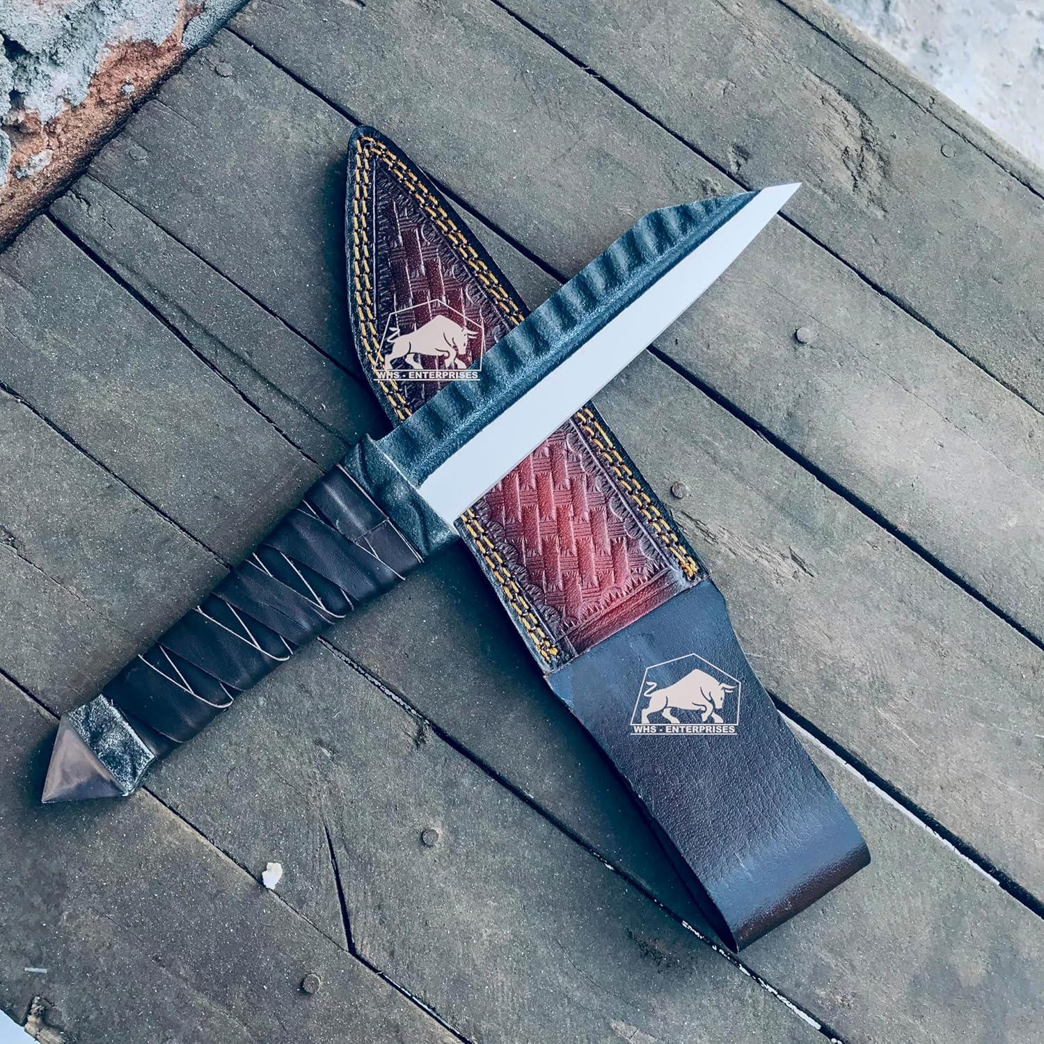 Cuchillo Seax vikingo Master Damascus 30.5 cm con funda de cuero