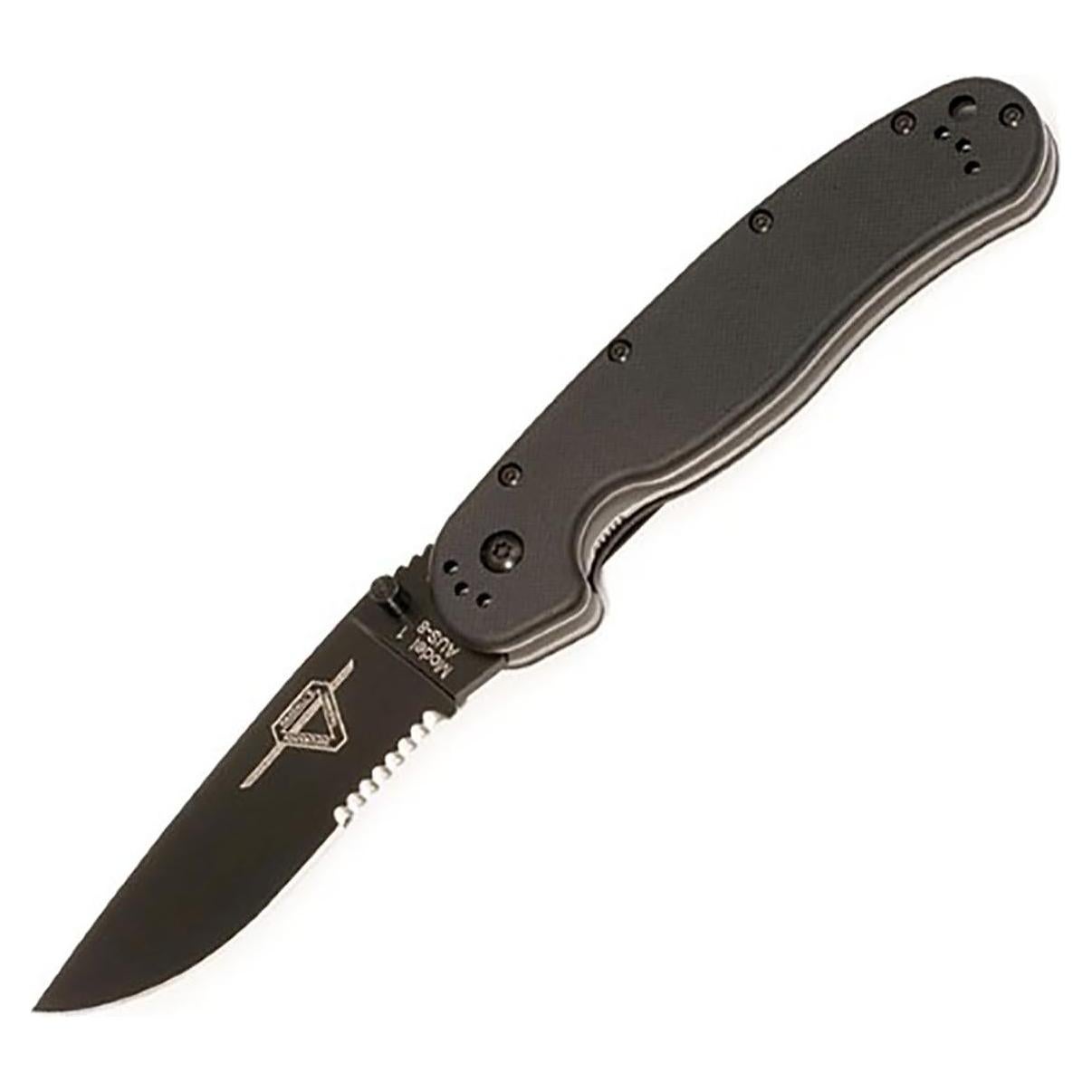 Rat I, Black Coated AUS-8 Stainless Steel Half Serrated Folding Pocket Knife, Black Nylon Handle Liner Lock Knife, Everyday Carry Knife – ON8847