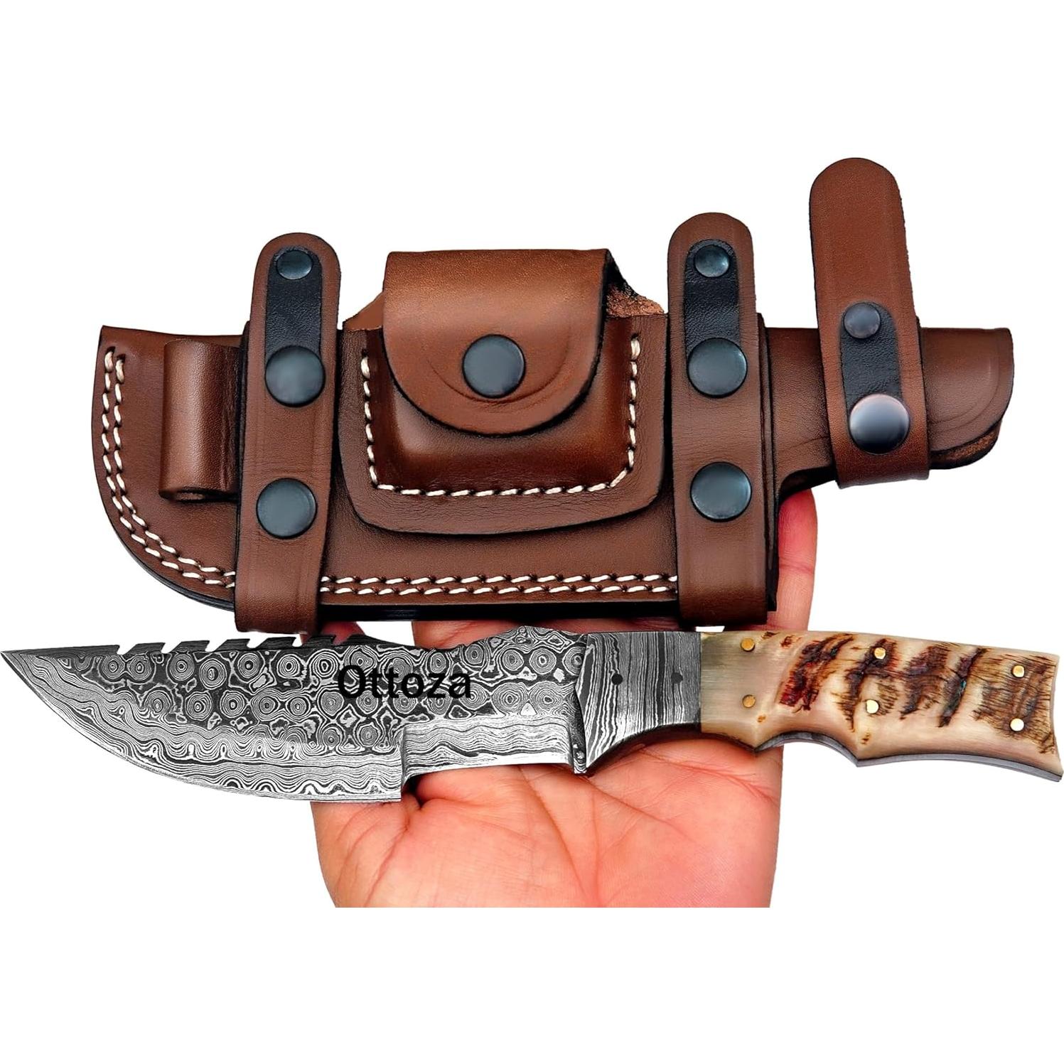 Cuchillo Tracker Ottoza 262 Damasco 25.4 cm con Funda de Cuero
