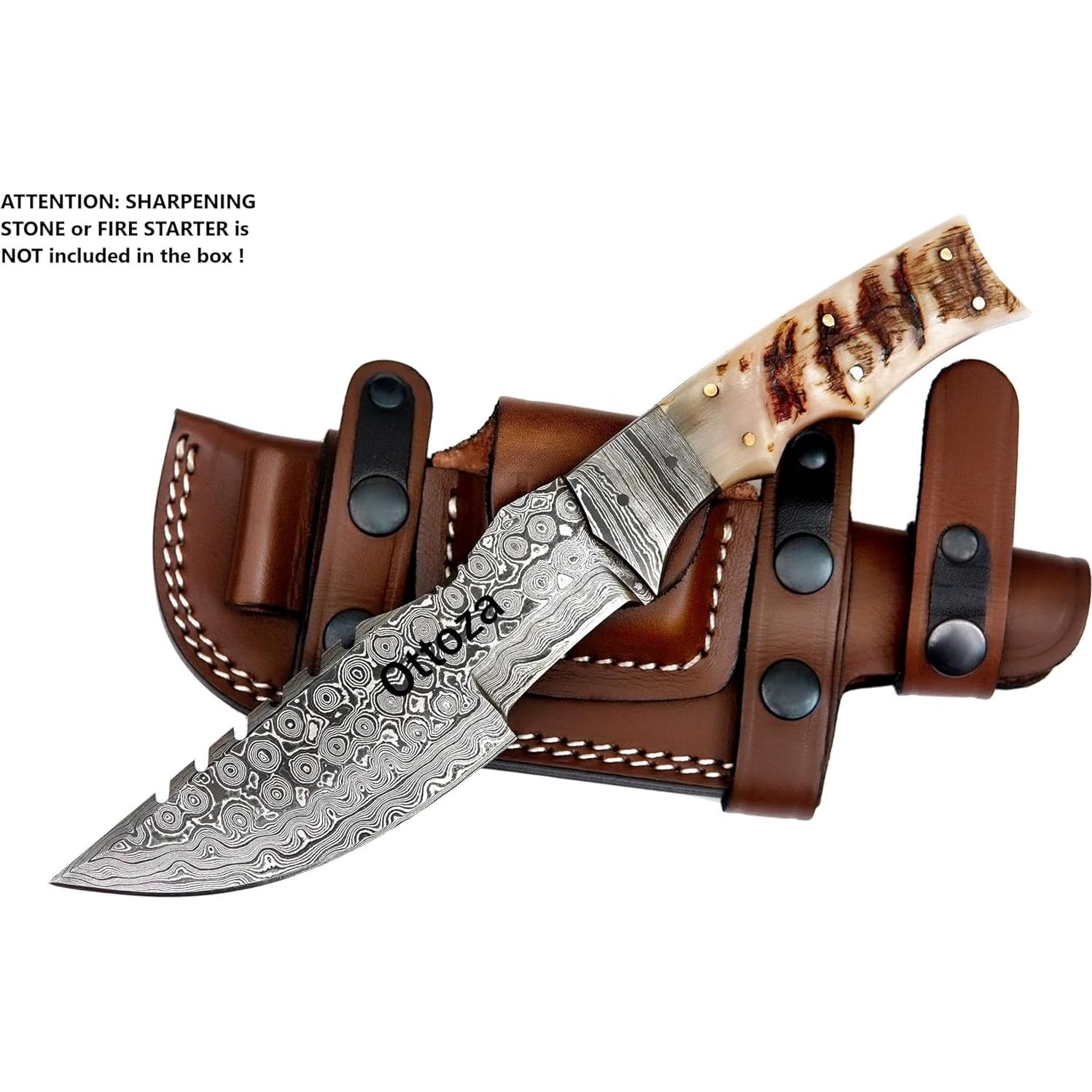 Cuchillo Tracker Ottoza 262 Damasco 25.4 cm con Funda de Cuero