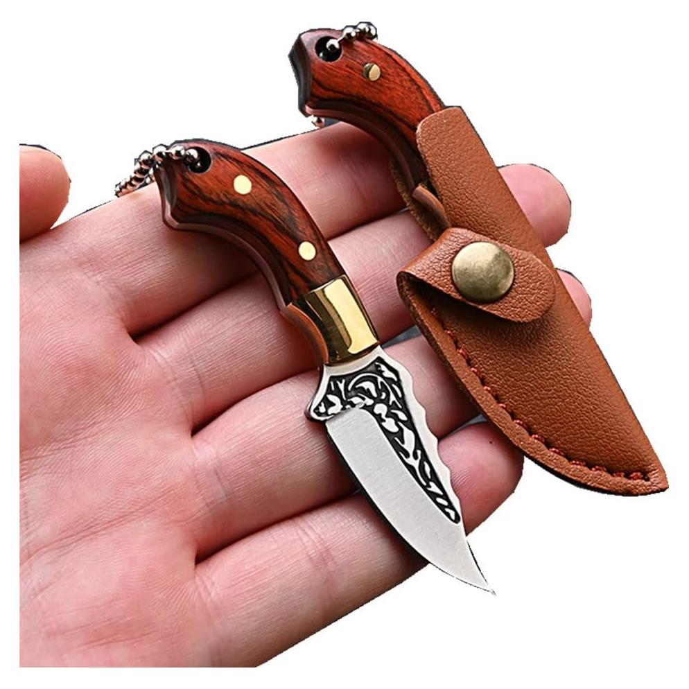 Cuchillo de hoja fija mini SZHOWORLD con funda de cuero 8.5 cm
