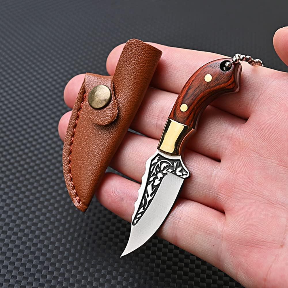 Cuchillo de hoja fija mini SZHOWORLD con funda de cuero 8.5 cm