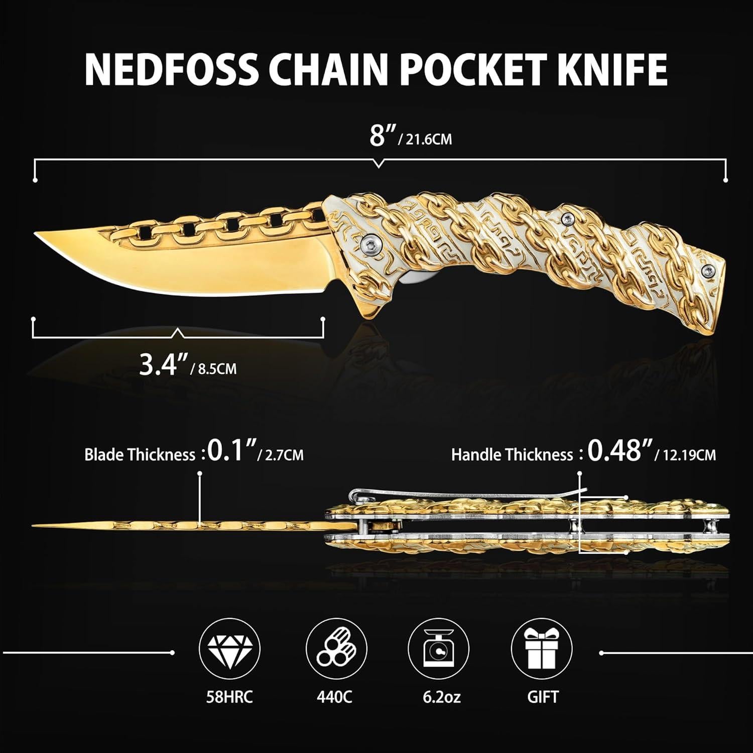 Cuchillo de Bolsillo NedFoss Cadena Plegable 20.32 cm Oro