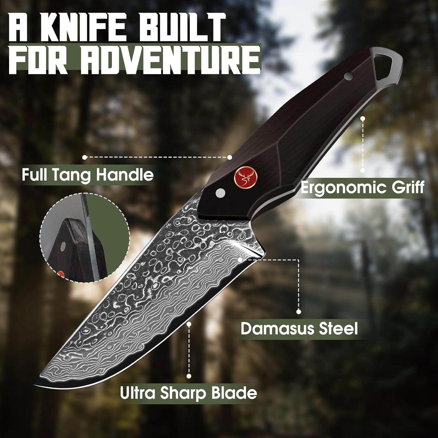 Cuchillo de Caza TAN REN Damasco 22.1 cm con Funda de Cuero