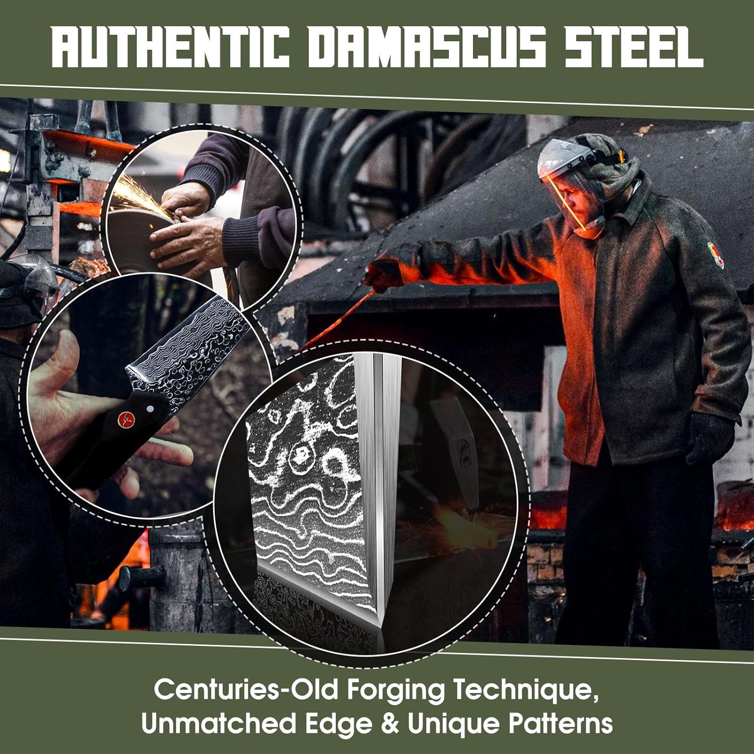 Cuchillo de Caza TAN REN Damasco 22.1 cm con Funda de Cuero