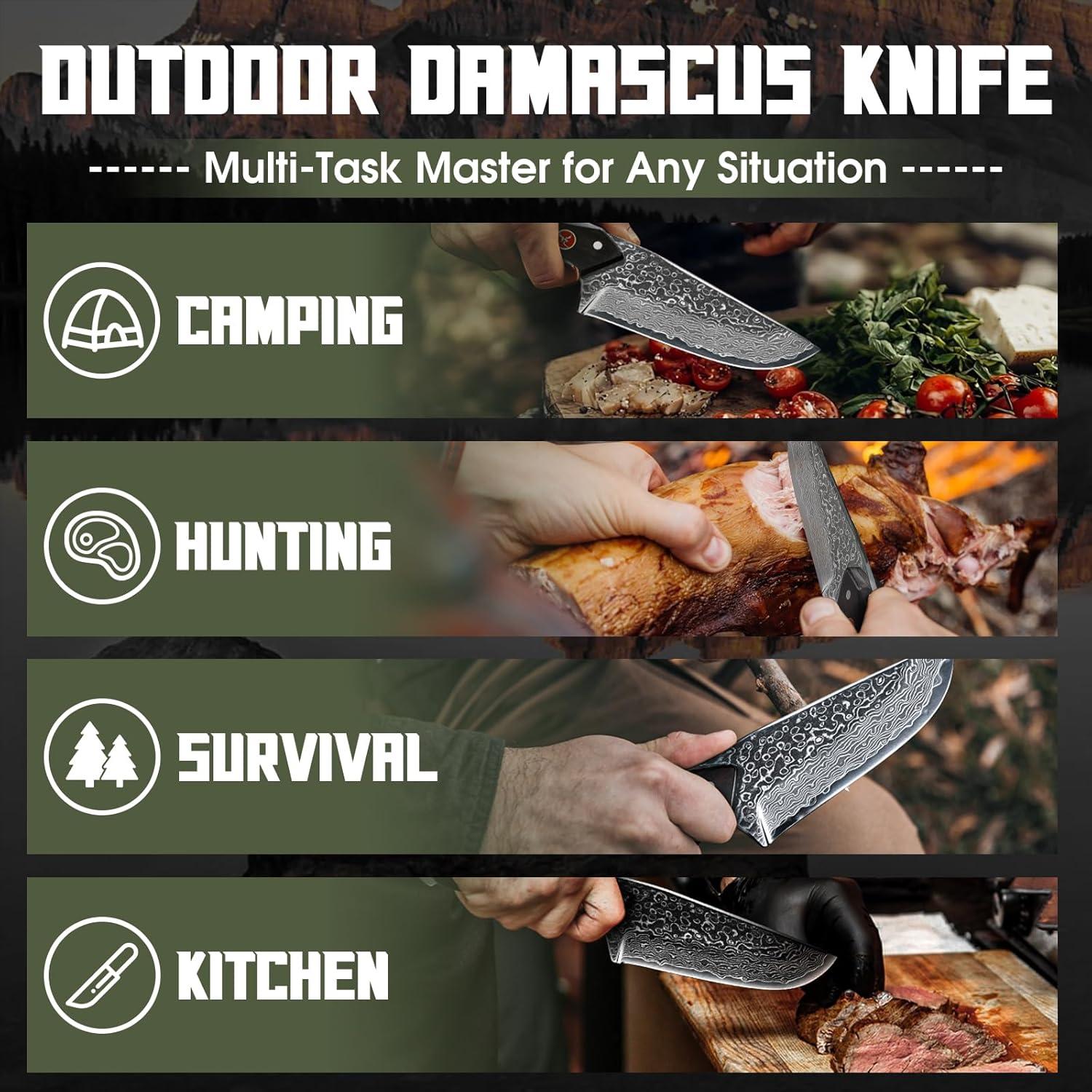 Cuchillo de Caza TAN REN Damasco 22.1 cm con Funda de Cuero