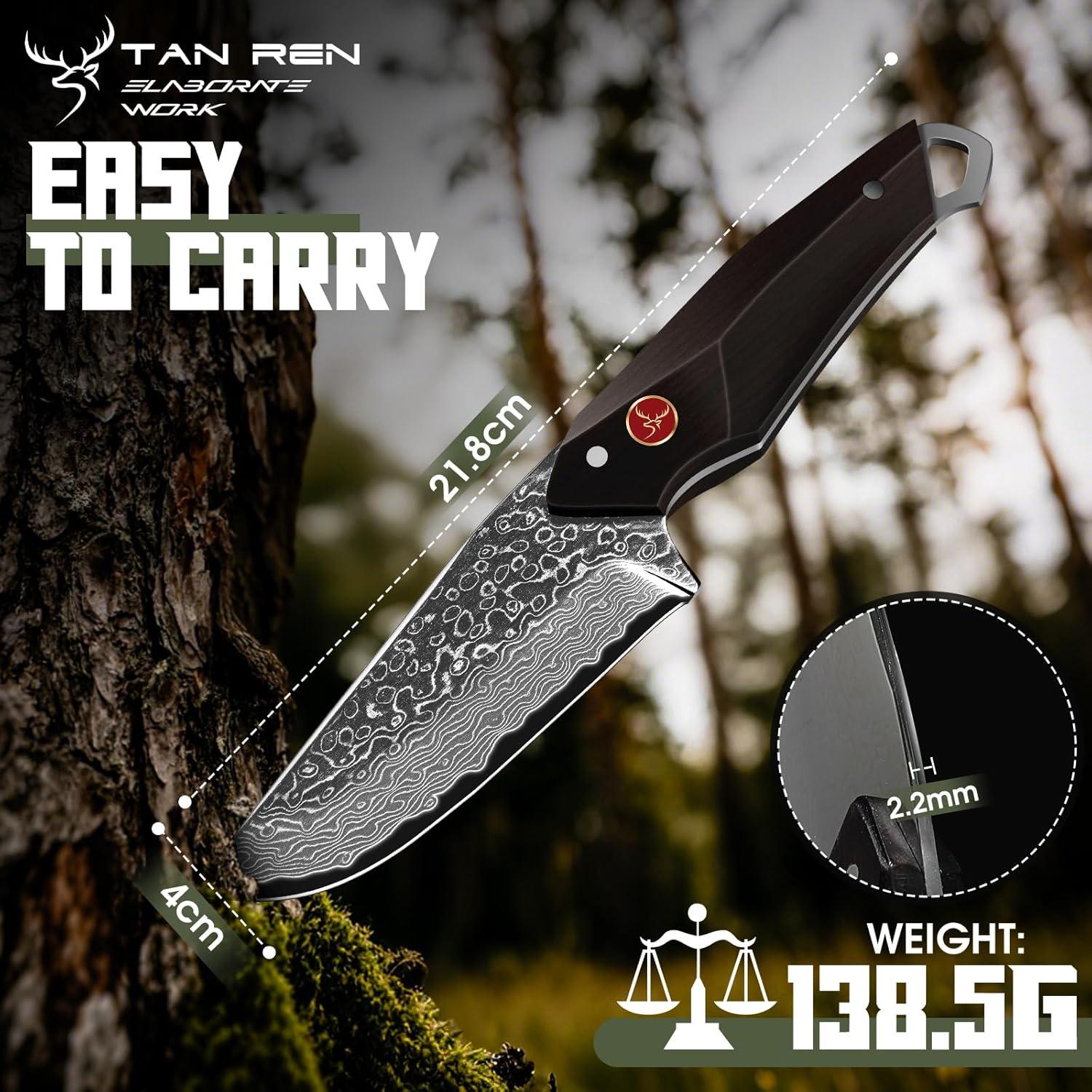 Cuchillo de Caza TAN REN Damasco 22.1 cm con Funda de Cuero