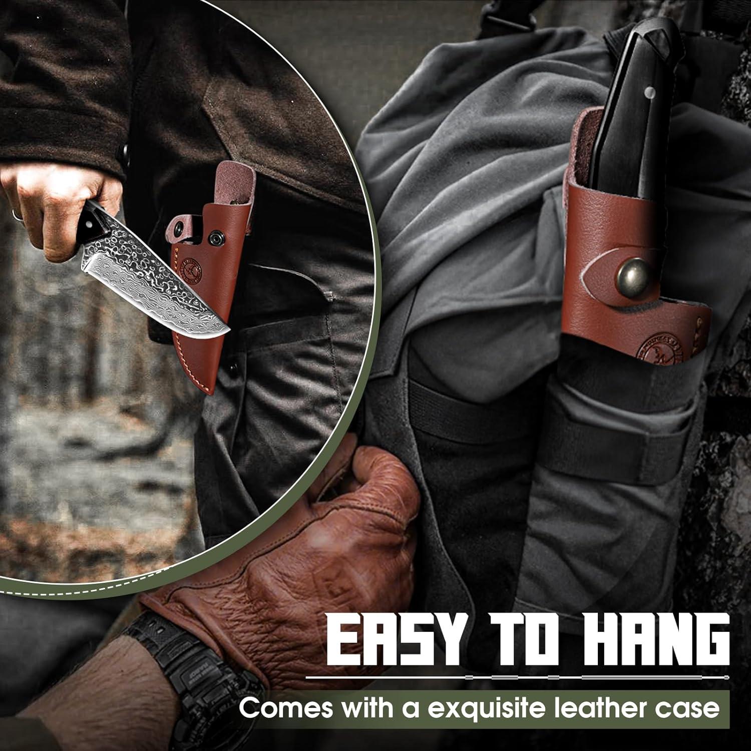 Cuchillo de Caza TAN REN Damasco 22.1 cm con Funda de Cuero