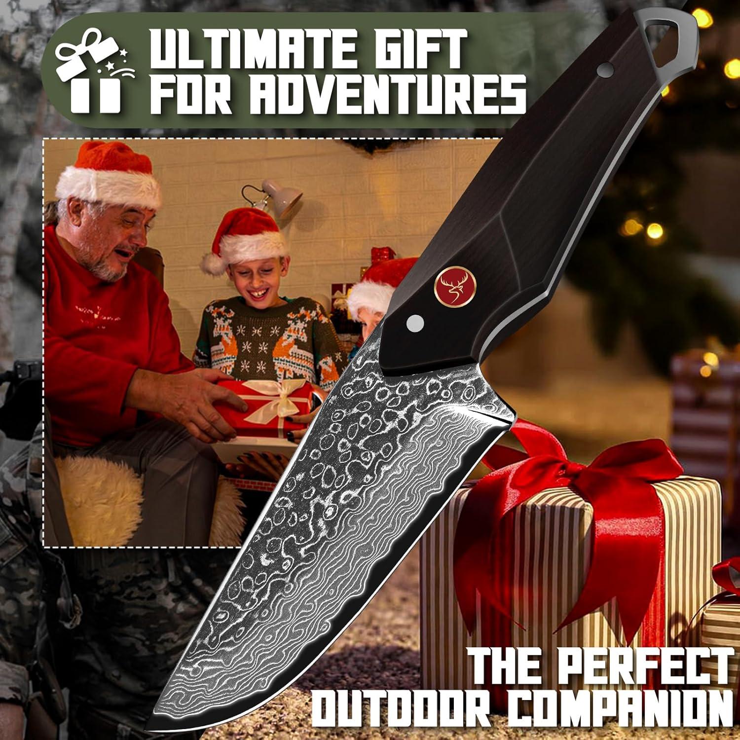 Cuchillo de Caza TAN REN Damasco 22.1 cm con Funda de Cuero