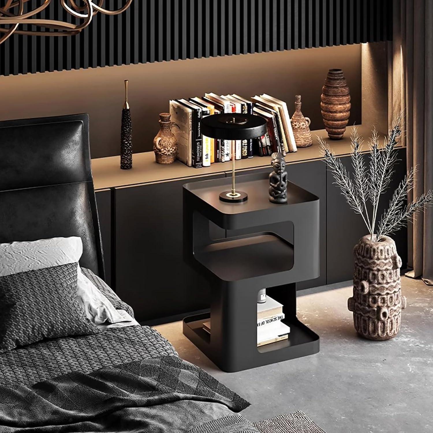 Mesa Lateral BUZUEY Negra Moderna con Almacenamiento