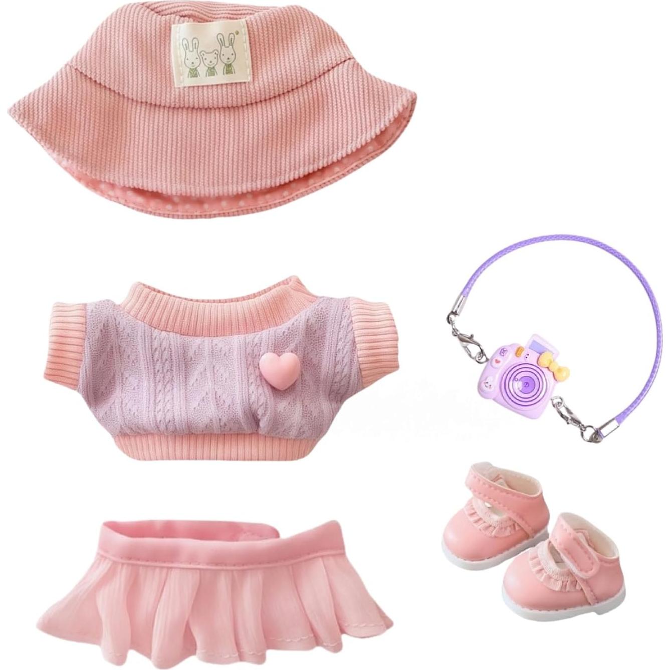 Conjunto de Ropa Kawaii Rosa para Muñecas 15cm y 17cm - 5 Piezas