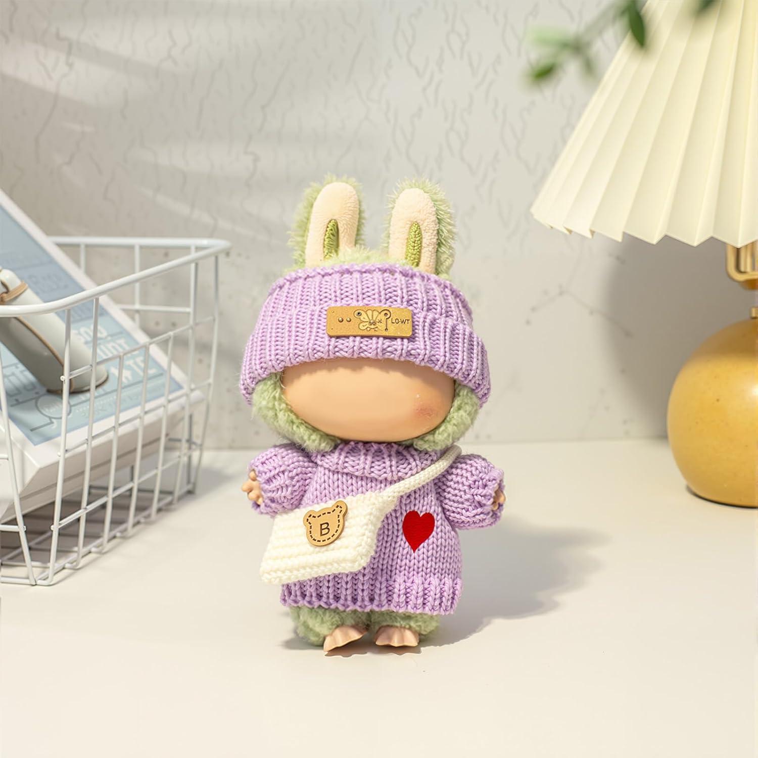 Conjunto de Ropa para Muñeca LABUBU 17cm - Suéter Corazón, Gorro y Bolsa