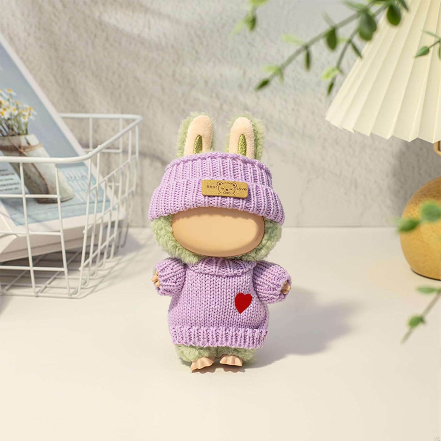 Conjunto de Ropa para Muñeca LABUBU 17cm - Suéter Corazón, Gorro y Bolsa