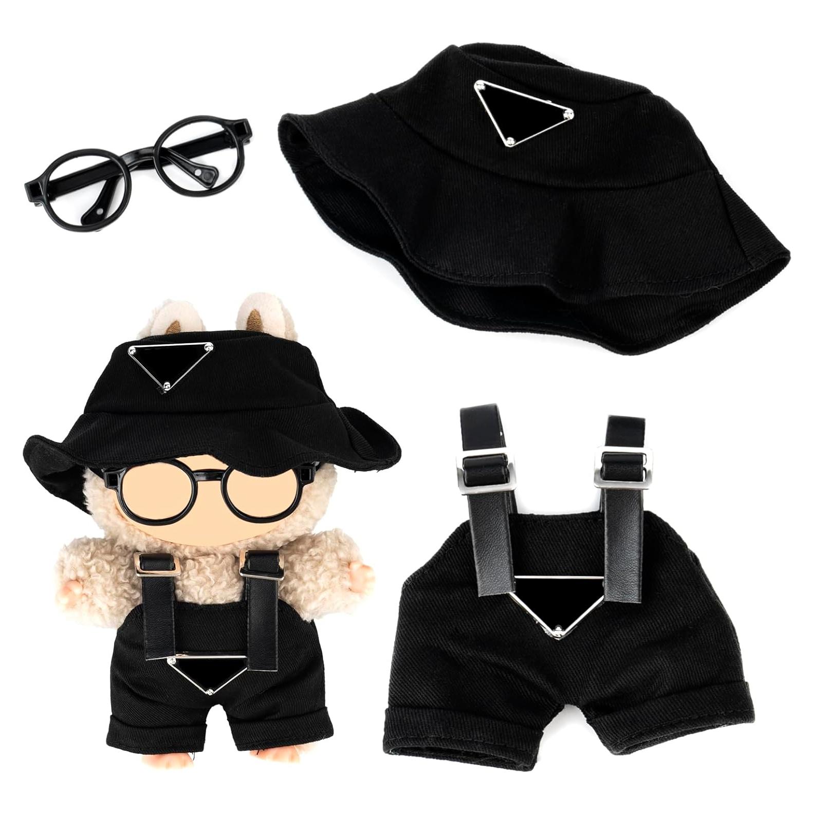 Conjunto de Ropa para Muñeca Labubu 17cm - Sombrero y Overoles Negro