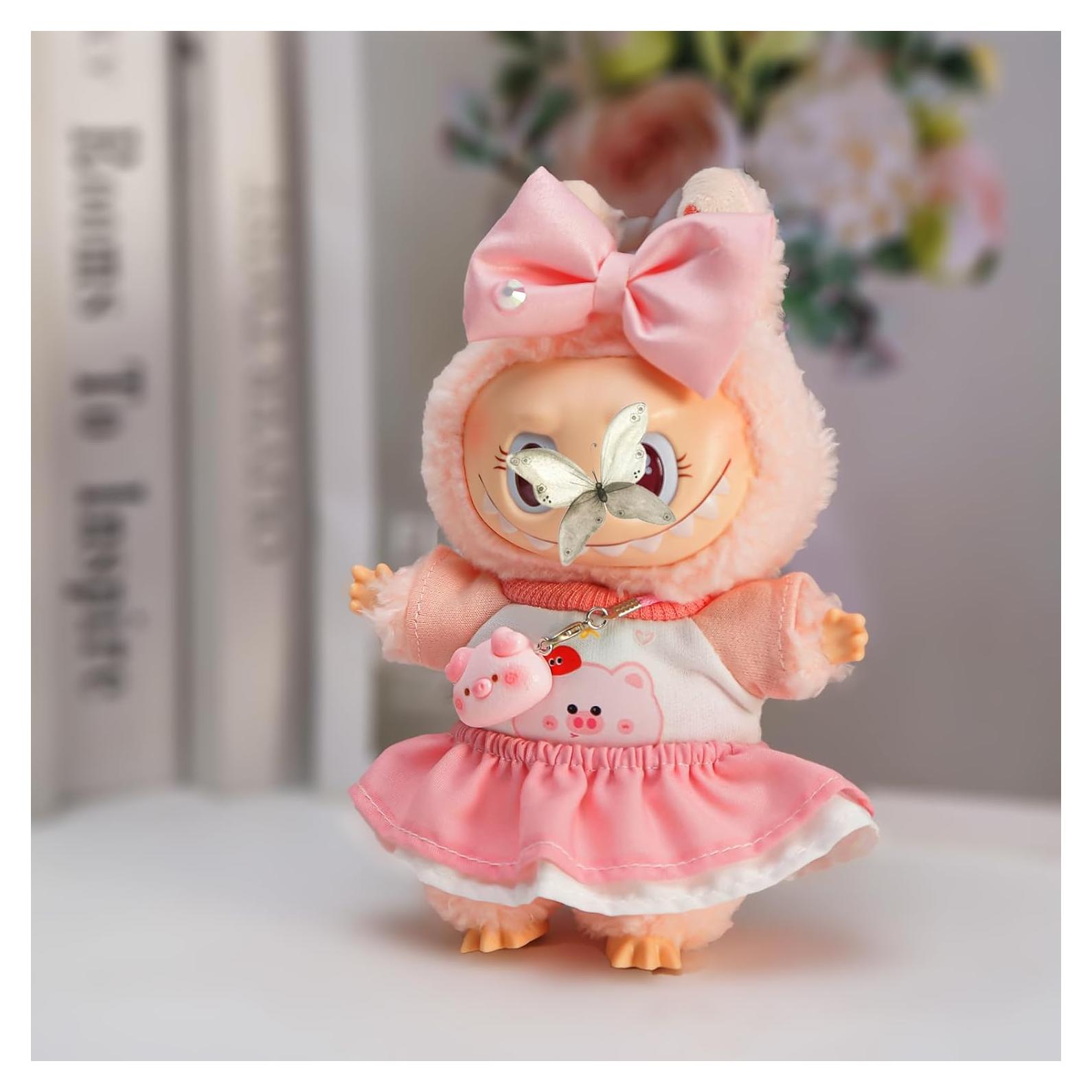 4Set Clothes for 6.7IN/17cm LABUBU, Premium Outfit with Miniature Accessories for ropa para Doll Collection, Pink(Doll Excluded)