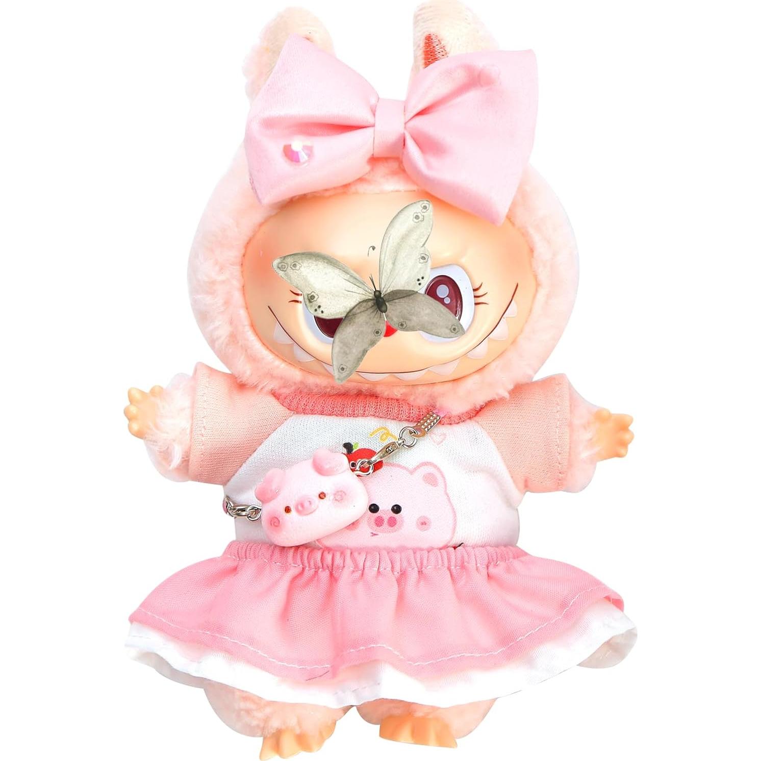 4Set Clothes for 6.7IN/17cm LABUBU, Premium Outfit with Miniature Accessories for ropa para Doll Collection, Pink(Doll Excluded)