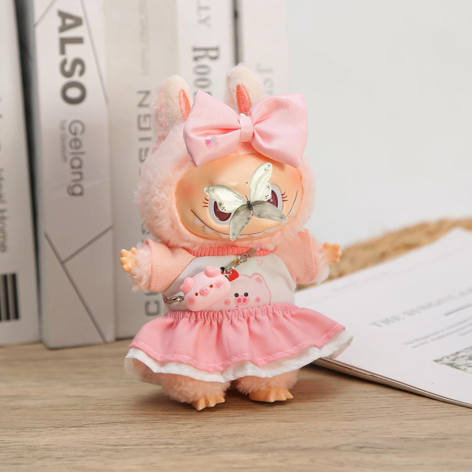 4Set Clothes for 6.7IN/17cm LABUBU, Premium Outfit with Miniature Accessories for ropa para Doll Collection, Pink(Doll Excluded)