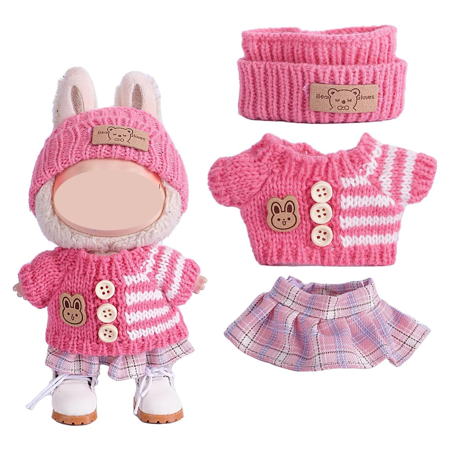 for Labubu Clothes/for Labubu Outfits, 17cm Doll Clothes Set 3pcs, Hat & Overalls Set for 17cm Doll Accessories Suit, Sweater Skirt Cute Clothing Outfit for Dress up Unique Style (Pink)