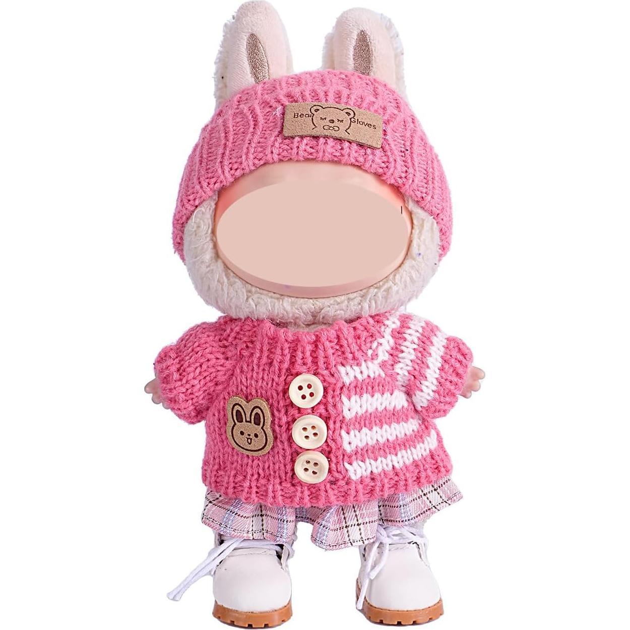 for Labubu Clothes/for Labubu Outfits, 17cm Doll Clothes Set 3pcs, Hat & Overalls Set for 17cm Doll Accessories Suit, Sweater Skirt Cute Clothing Outfit for Dress up Unique Style (Pink)