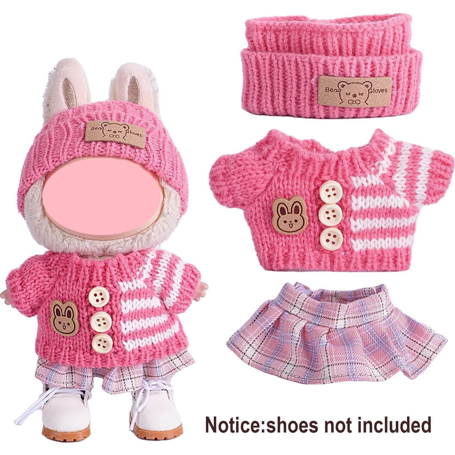for Labubu Clothes/for Labubu Outfits, 17cm Doll Clothes Set 3pcs, Hat & Overalls Set for 17cm Doll Accessories Suit, Sweater Skirt Cute Clothing Outfit for Dress up Unique Style (Pink)