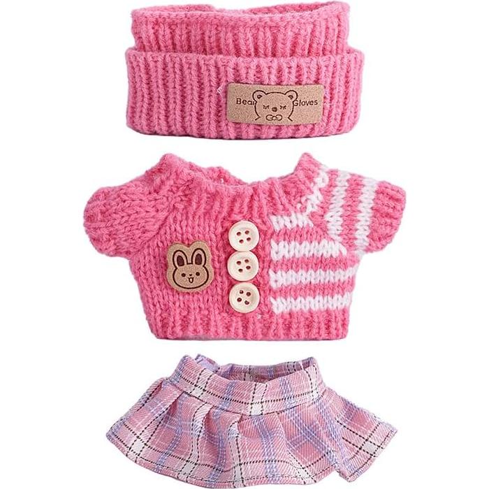 for Labubu Clothes/for Labubu Outfits, 17cm Doll Clothes Set 3pcs, Hat & Overalls Set for 17cm Doll Accessories Suit, Sweater Skirt Cute Clothing Outfit for Dress up Unique Style (Pink)