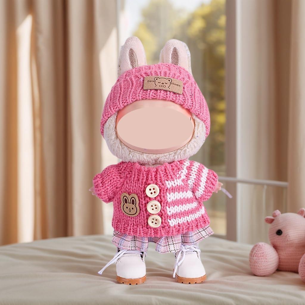 for Labubu Clothes/for Labubu Outfits, 17cm Doll Clothes Set 3pcs, Hat & Overalls Set for 17cm Doll Accessories Suit, Sweater Skirt Cute Clothing Outfit for Dress up Unique Style (Pink)