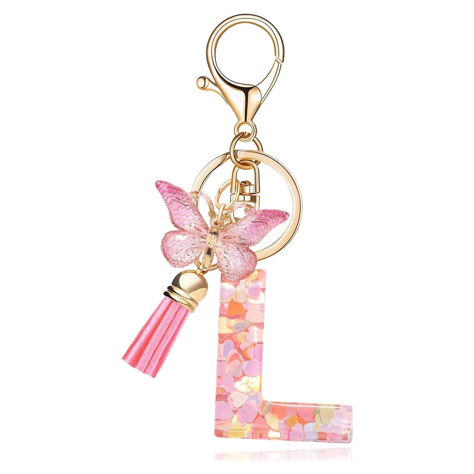 Llave de Letra Inicial con Borla y Colgante Mariposa Rosa