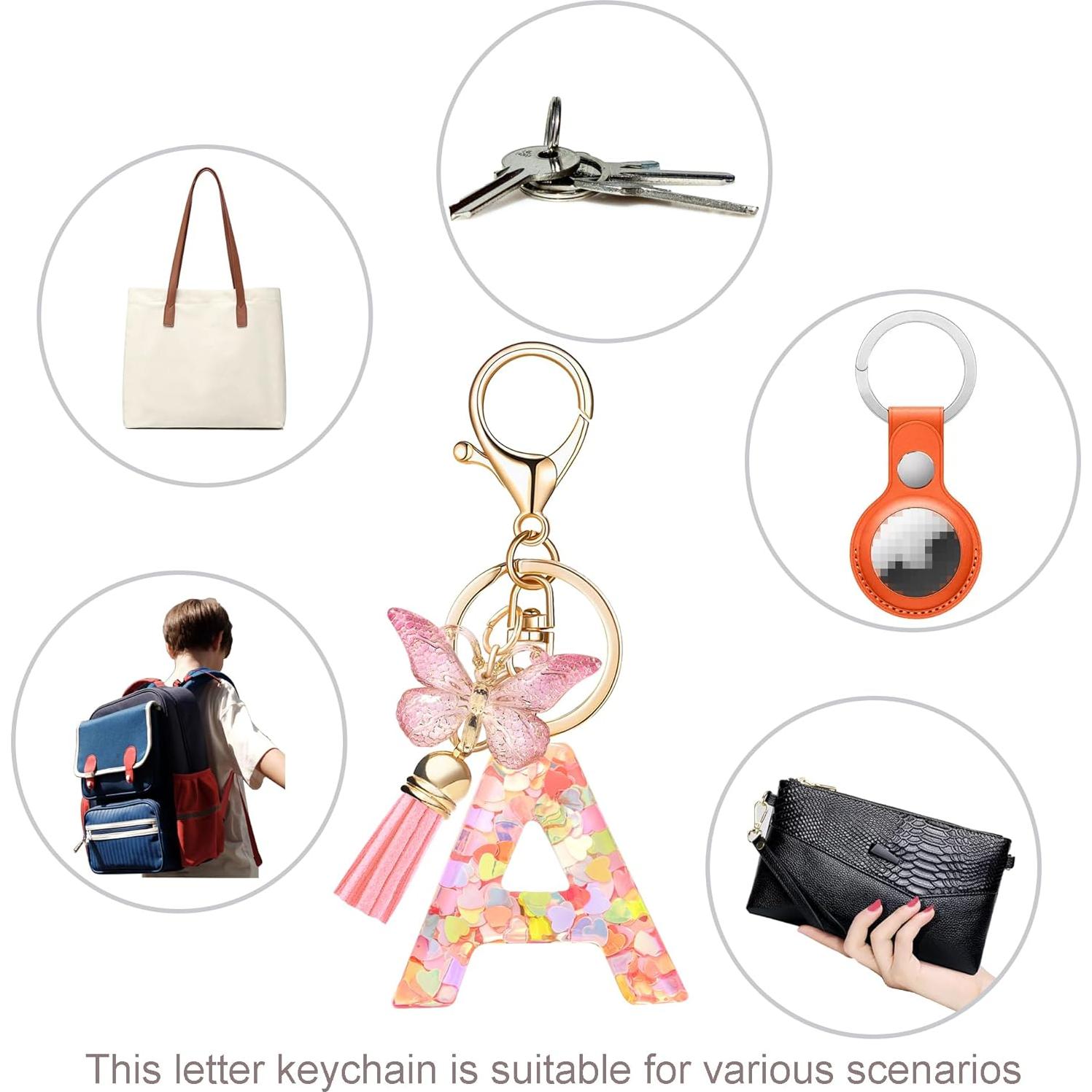 Llave de Letra Inicial con Borla y Colgante Mariposa Rosa