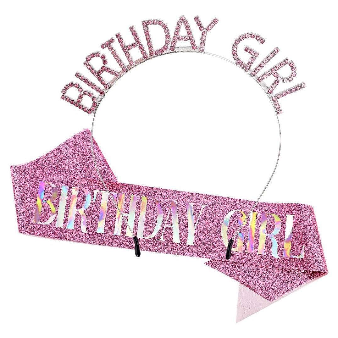 Sash de Cumpleaños Rosa Skyplore con Tiara y Diadema