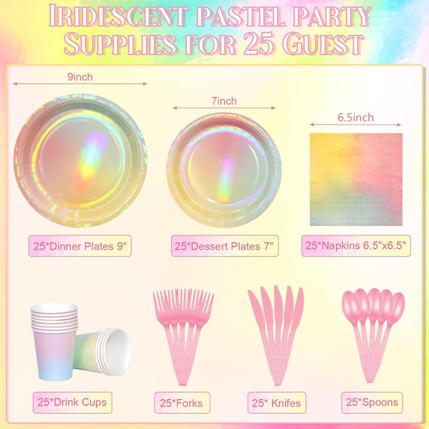 Set de Vajilla Desechable Pastel Iridiscente FunnyPars - 25 Personas