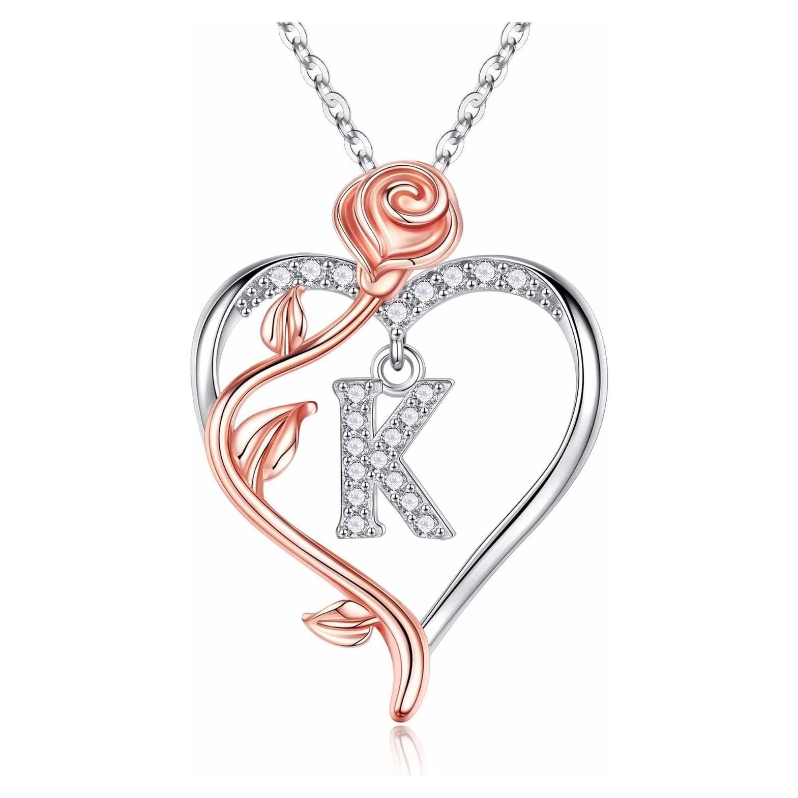 Collar Inicial Corazón Rosa Iefil Plata Esterlina 925 45.72 cm