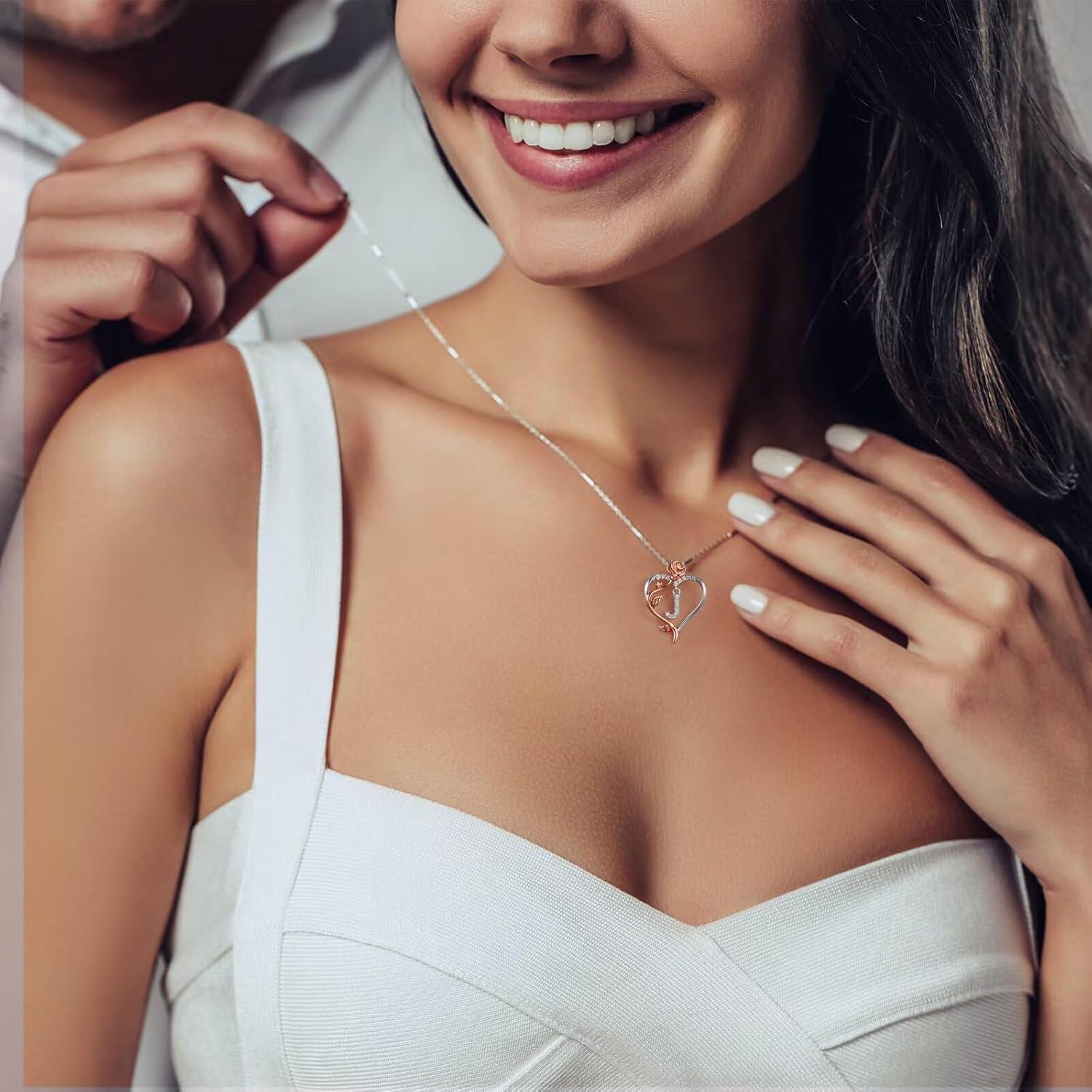 Collar Inicial Corazón Rosa Iefil Plata Esterlina 925 45.72 cm