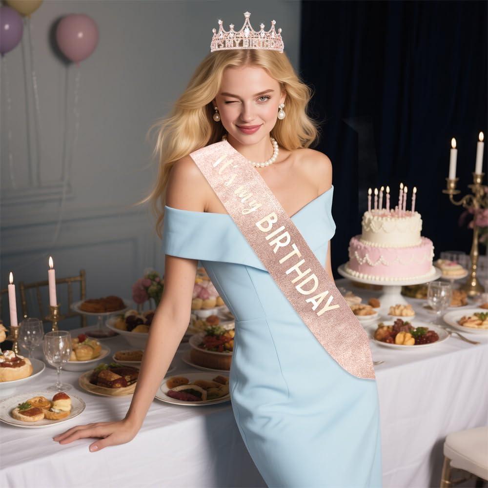 Corona y Banda de Cumpleaños Ahoney Oro Rosa para Mujeres