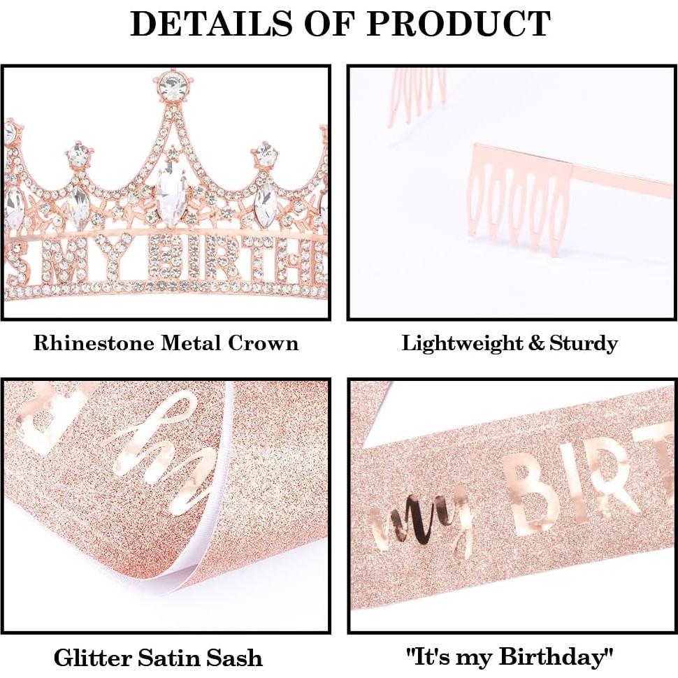 Corona y Banda de Cumpleaños Ahoney Oro Rosa para Mujeres