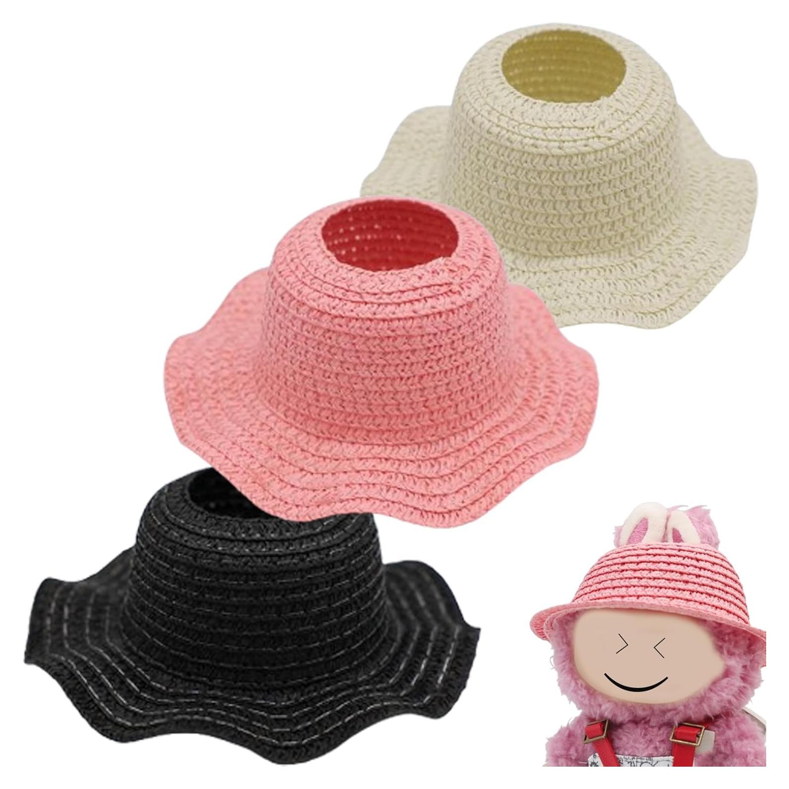 3PCS Wavy Style Colorful Hat Accessories for Labubu Doll Doll – for 17cm Vinyl Dolls – Natural Straw, 13cm Outer, 7cm Inner Diameter – Fits Blind Box & 2nd Gen Dolls (Set 3)