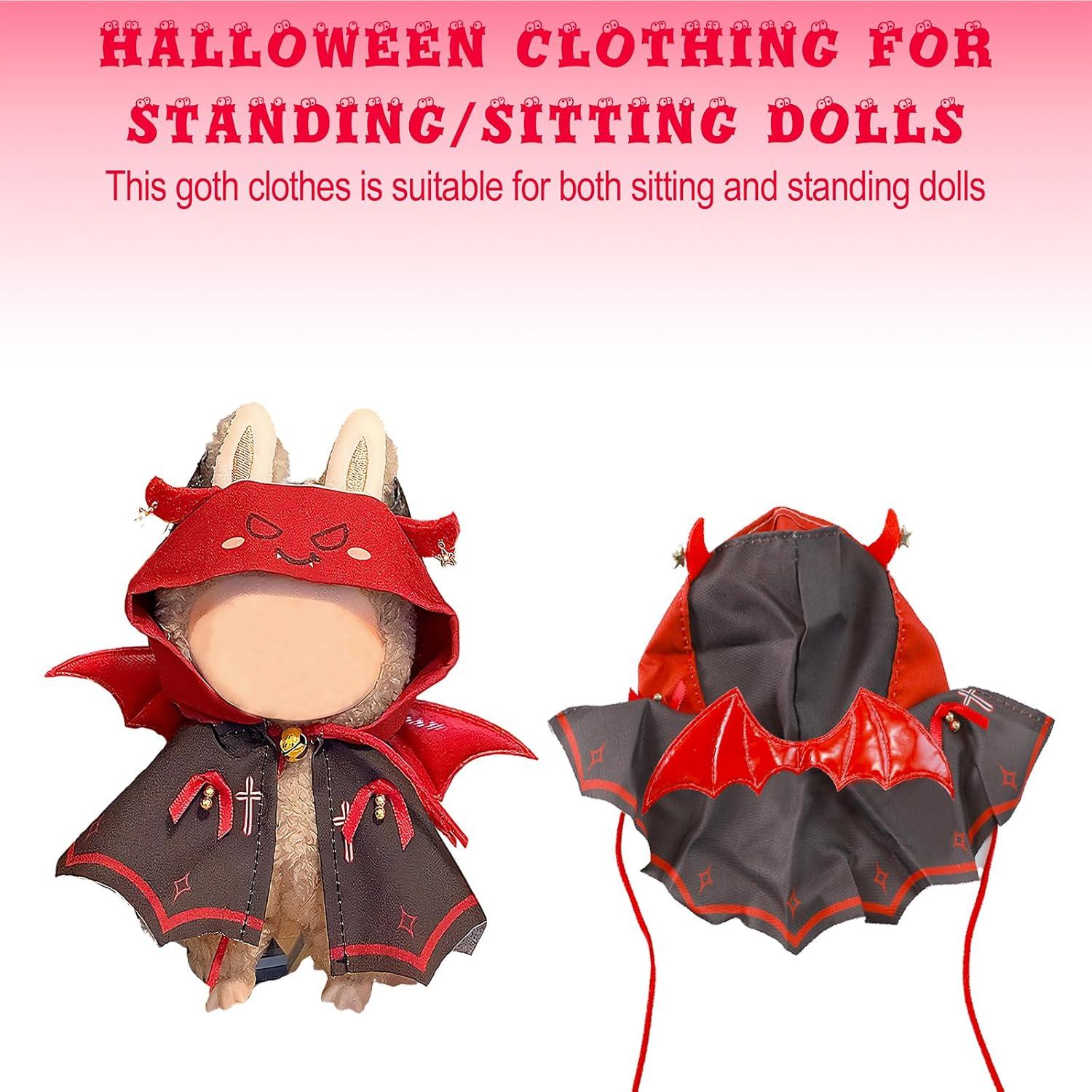 Doll Clothes for Labubu, Halloween Doll Accessories for 15-17cm Dolls, Goth Little Devil Outfit and Wings for Labubu, Realistic Dolls Designer Clothes Accessories
