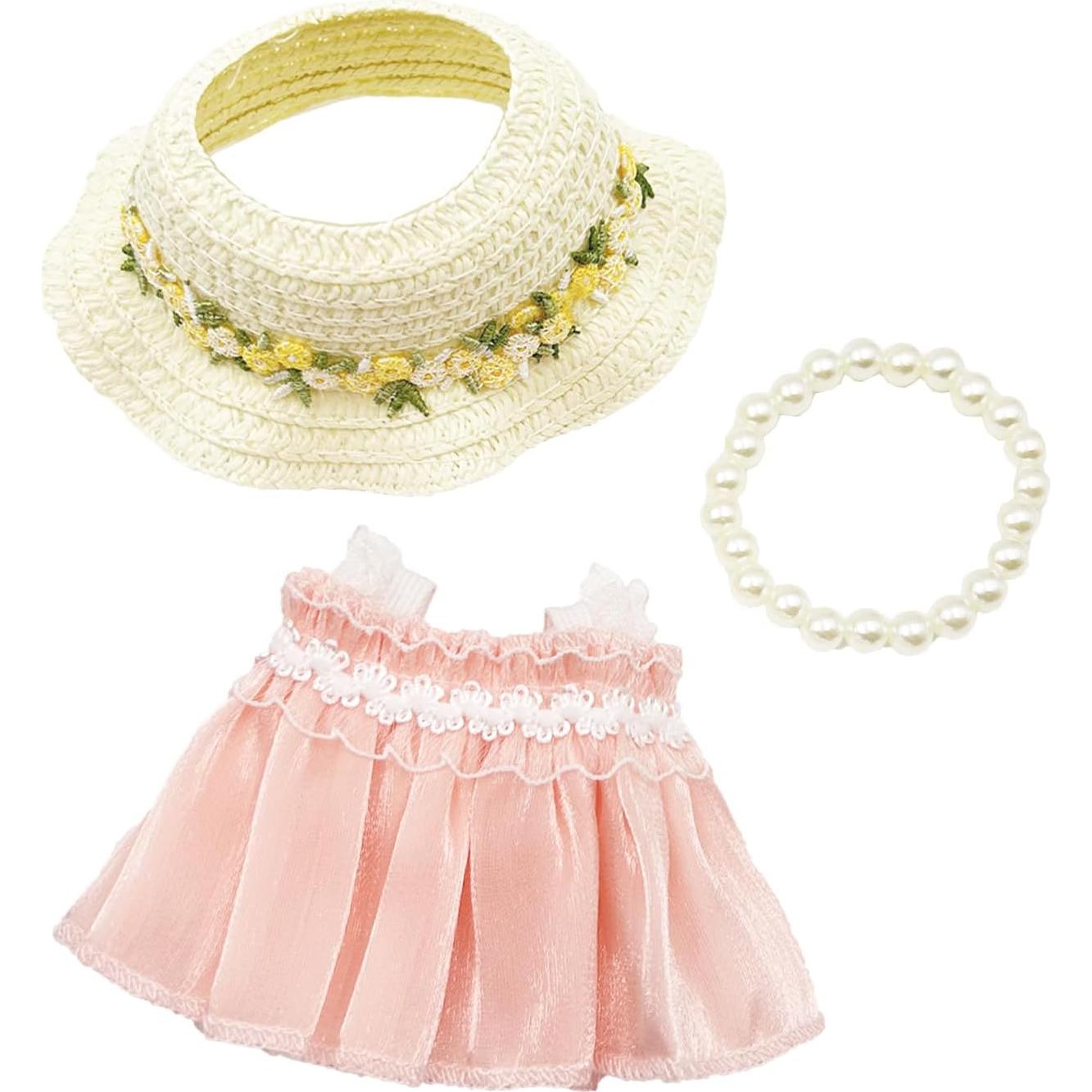 Conjunto de Ropa para Muñecas Labubu 17cm - Vestido Tul Rosa + Sombrero + Collar
